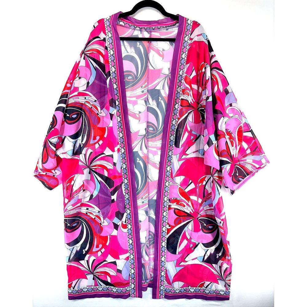 Pink Purple Abstract Candy Hearts Print Kimono Duster Sheer Boho Robe Cover Up